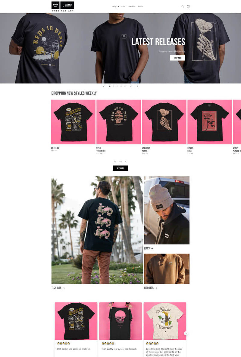 The Chomp website selling skateboarding gear